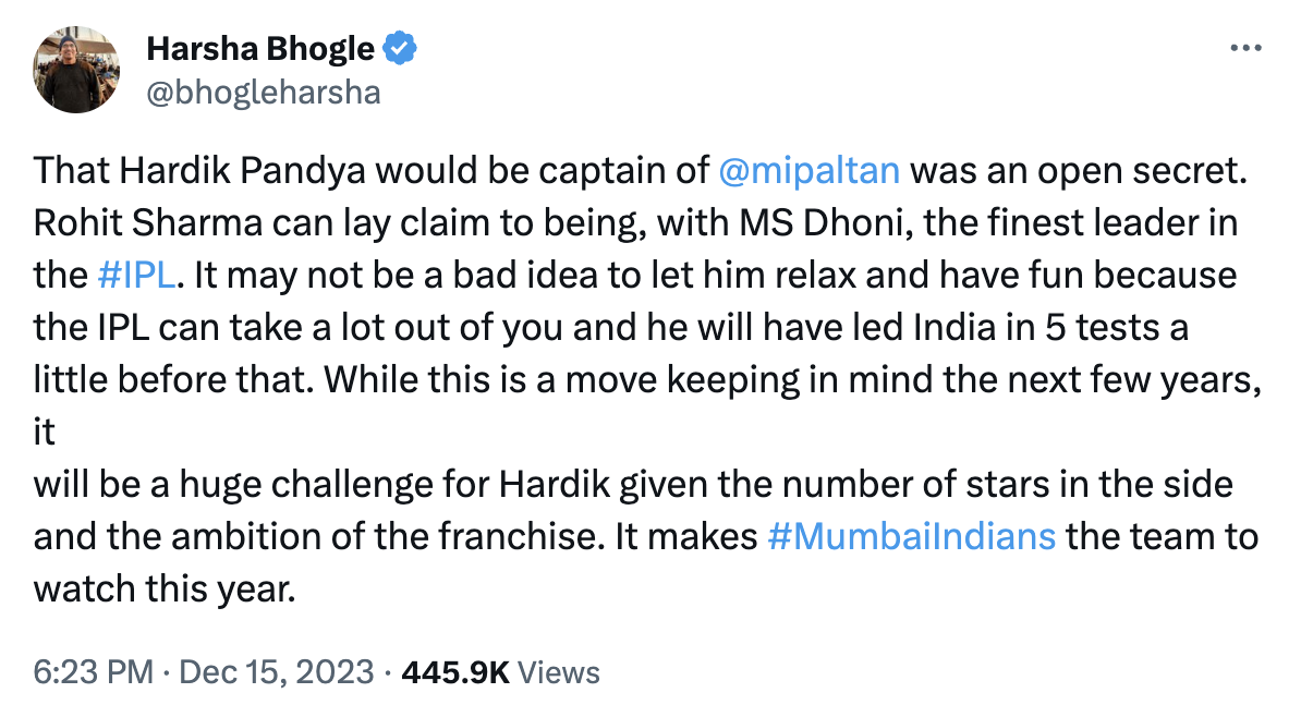 IPL 2024: Harsha Bhogle Reveals The Main Reason Behind Mumbai Indians Replacing Rohit Sharma With Hardik Pandya As Captain